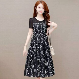 显瘦妈妈夏装 拼接大码 裙子气质新款 夏季 假两件连衣裙碎花裙中长款