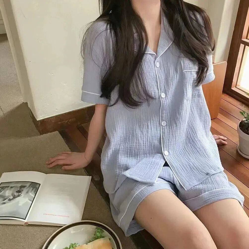少女软糯棉麻料睡衣女夏天新款ins风纱布短袖短裤甜美家居服套装