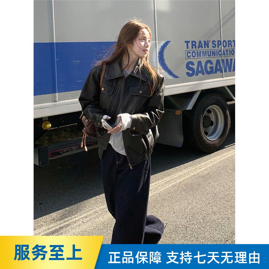 黑色覆古皮衣外套女2025新款超火小个子皮夹克酷飒风短款美式气质