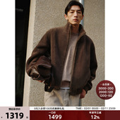 黑标 JIN口澳洲羊毛混纺仿麂皮罗纹老钱风颗粒羊剪毛立领机车夹克