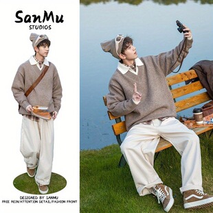 两件装/单件假两件polo领撞色翻领毛衣男生宽松针织衫韩系上衣男