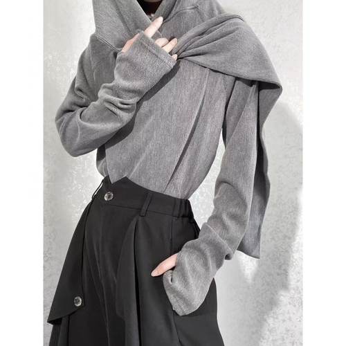 新中式高级感2025春秋季设计感小众围巾领连帽打底衫套头卫衣套装