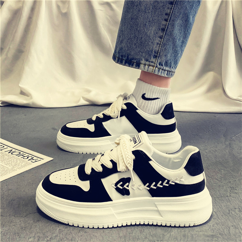 秋季板鞋男休闲韩版潮鞋黑白熊猫港风增高设计感小众麦穗超轻厚底