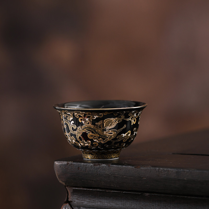 景德镇珐琅彩乌金釉龙纹压手杯单个主人杯陶瓷茶杯高档个人专用品
