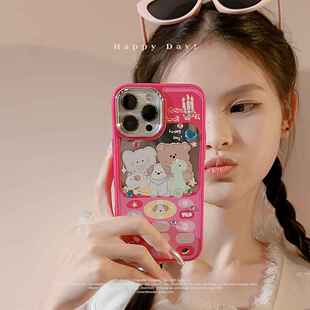 芭比粉电话机适用14苹果iPhone13手机壳11贴钻动物12镜面15promax