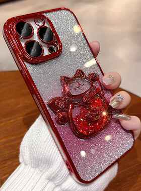 招财猫流沙适用苹果15promax手机壳新款iphone13新年女14带镜头膜