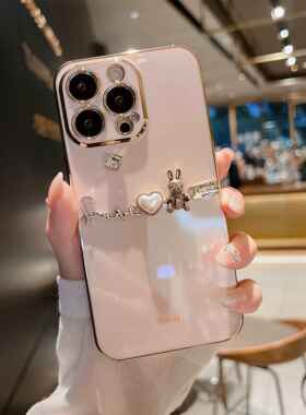 适用iPhone15新款13手机壳电镀14Promax全包12软硅胶8p粉色兔子11