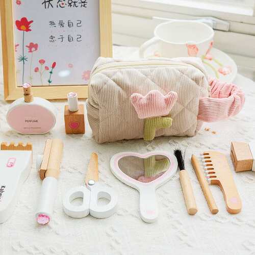 跨境木制儿童仿真梳妆理发彩妆套装女孩粉色公主化妆包过家家玩具