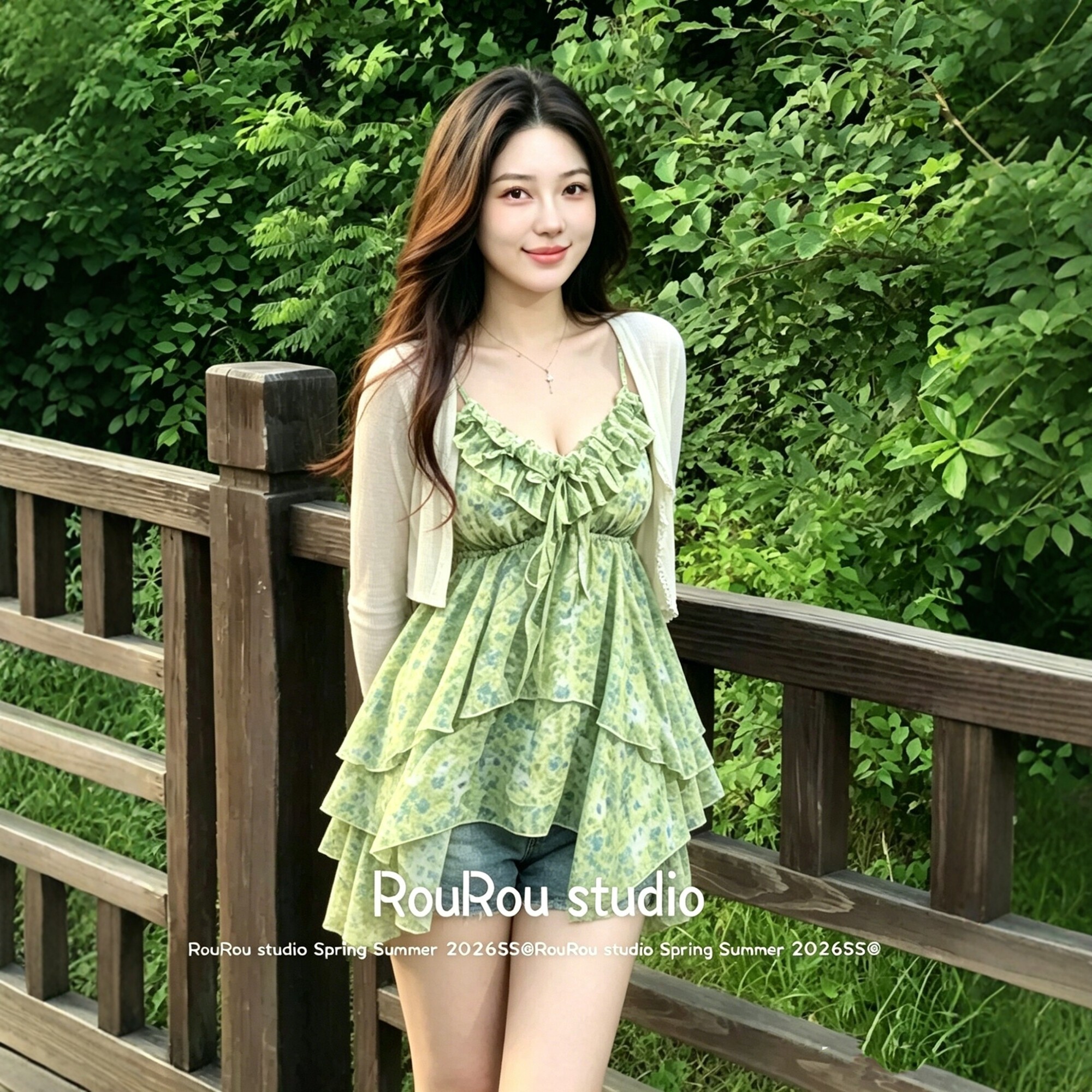 大码V领荷叶边碎花吊带+开衫套装图片
