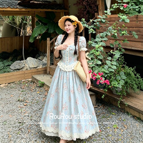RouRou大码女装甜美风方领泡泡袖碎花连衣裙女蕾丝边收腰长裙少女