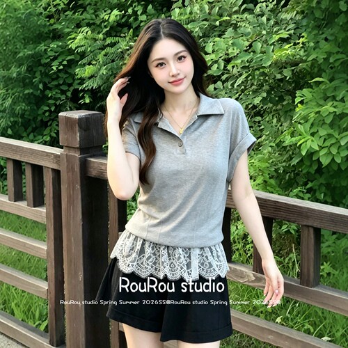 大码翻领蕾丝下摆宽松遮肉上衣