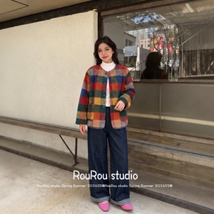 RouRou大码女装韩版彩色格纹毛呢外套+休闲裤胖mm气质套装冬上新