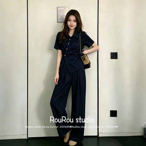 RouRou大码女装夏上新通勤翻领绑带短袖上衣阔腿裤两件套时尚套装