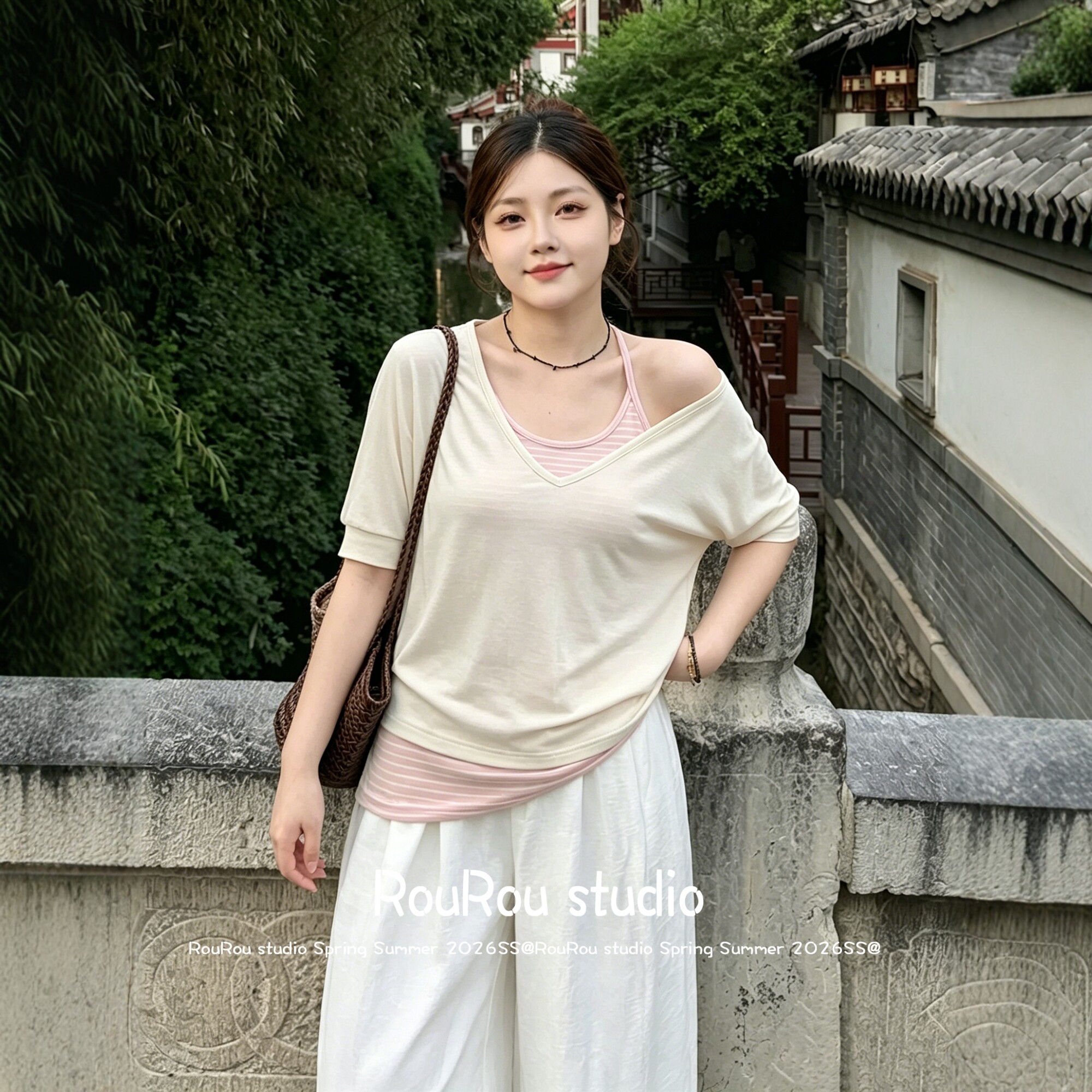 RouRou大码女装韩版条纹吊带背心+V领罩衫套装胖mm气质甜美夏上新