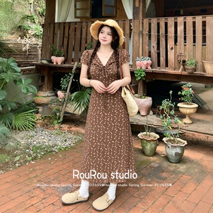 RouRou大码女装法式V领绑带碎花收腰连衣裙胖mm气质甜美风夏上新