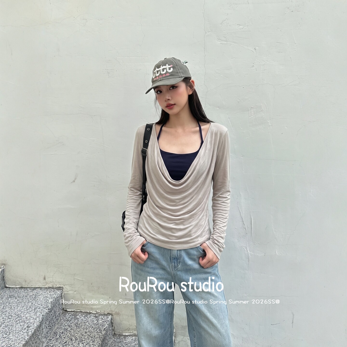 RouRou大码女装法式荡领挂脖背心+罩衫上衣胖mm上衣两件套秋上新