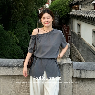 大码木耳边斜领系带开叉修身衬衫