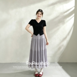RouRou大码女装韩版V领上衣+压褶高腰A字半身裙胖mm套装裙夏上新