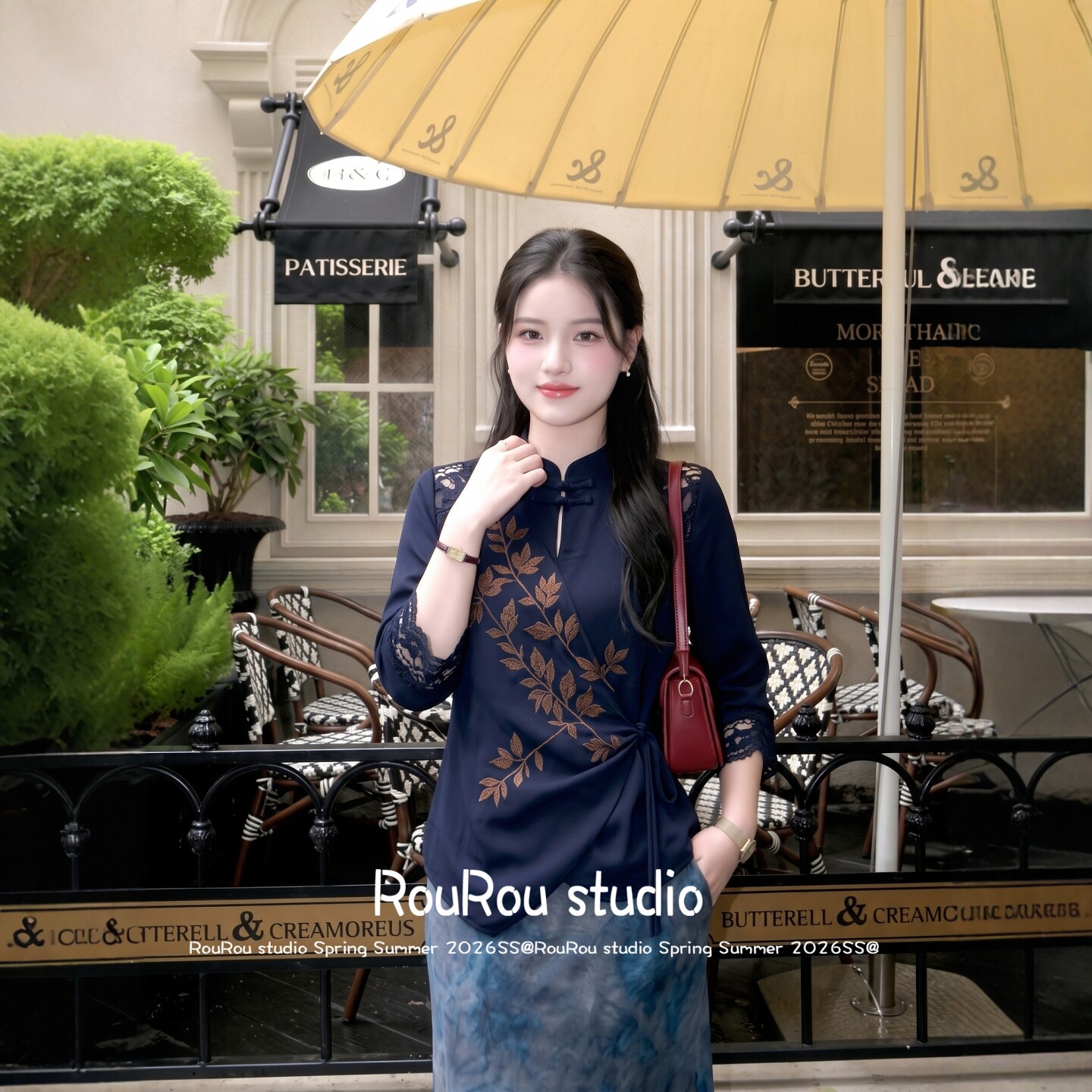 RouRou大码女装新中式蕾丝印花盘扣长袖上衣胖mm气质优雅秋上新