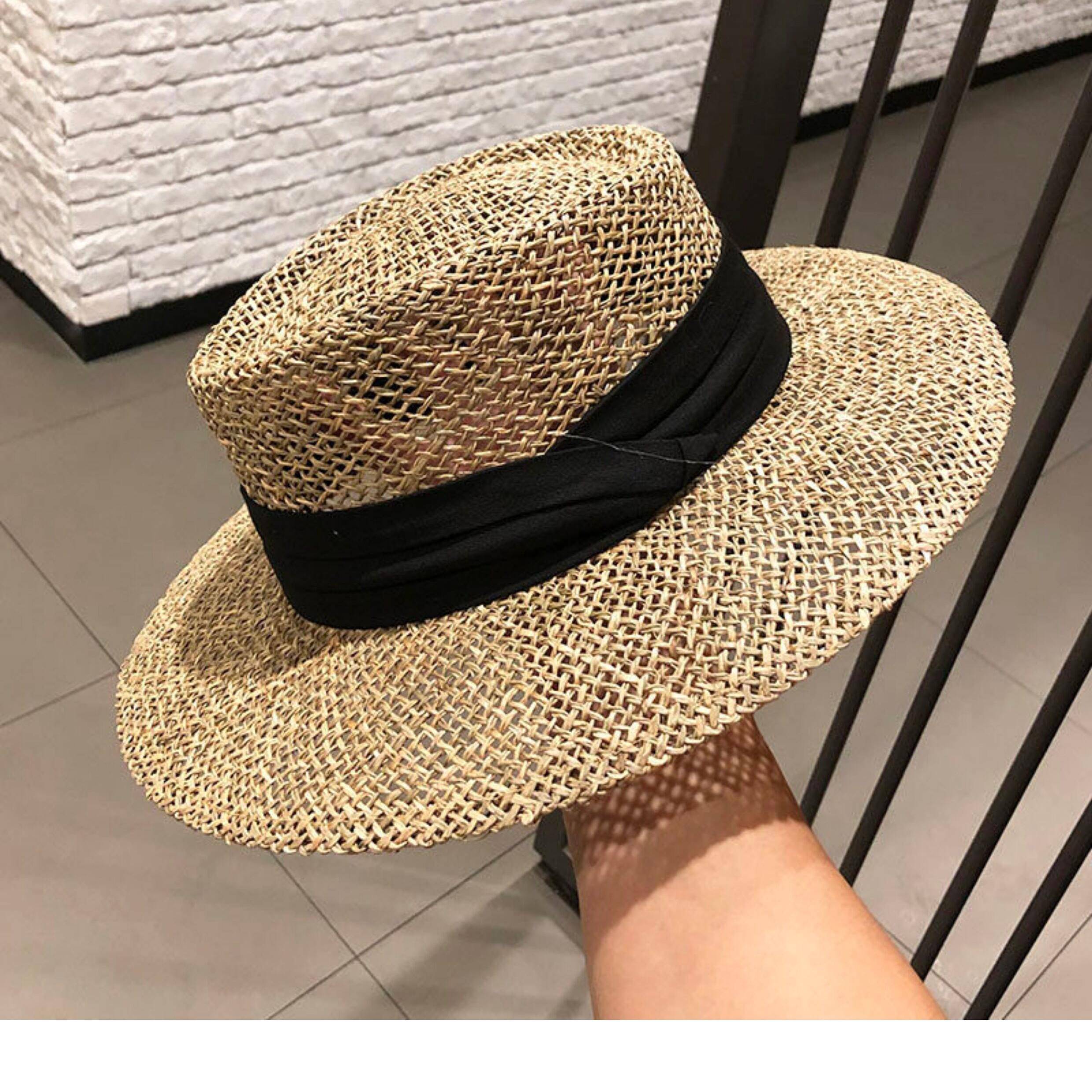 草编网红平顶女夏礼帽法式海边