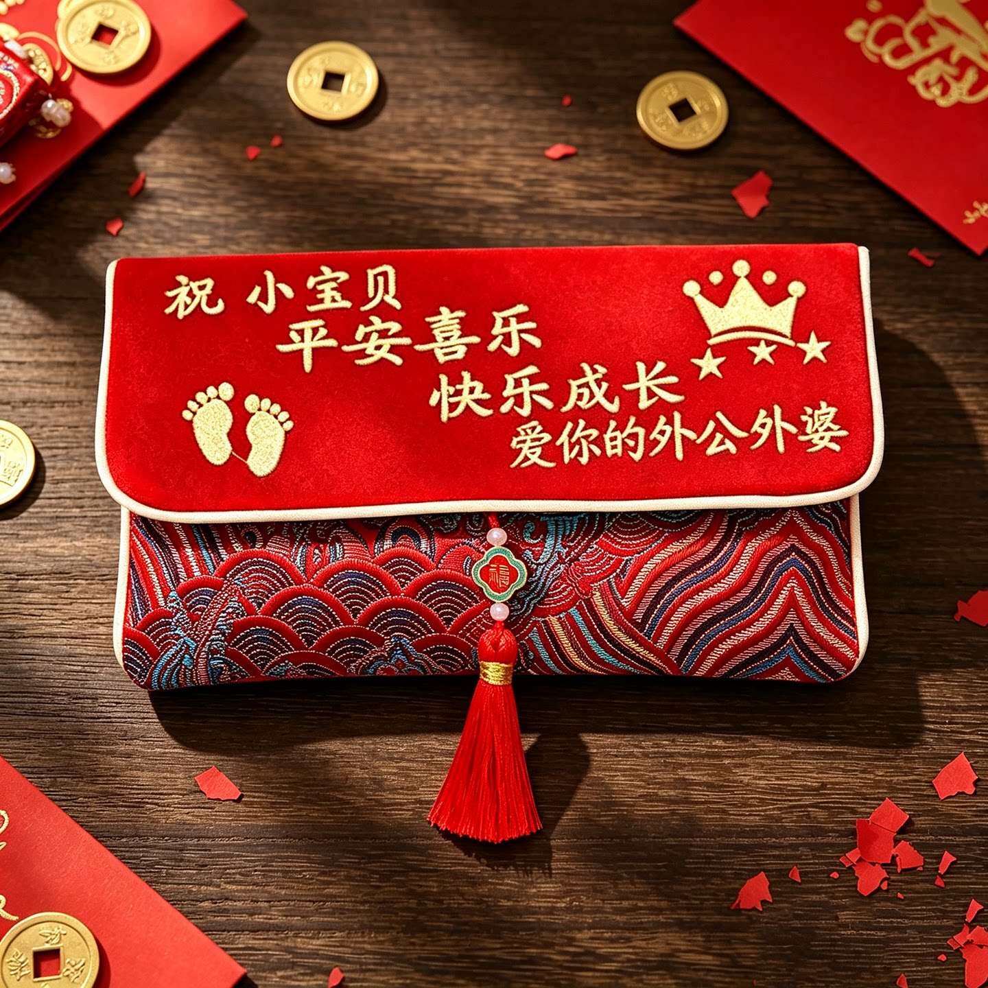 新款一岁礼周岁生日锦缎刺绣万元