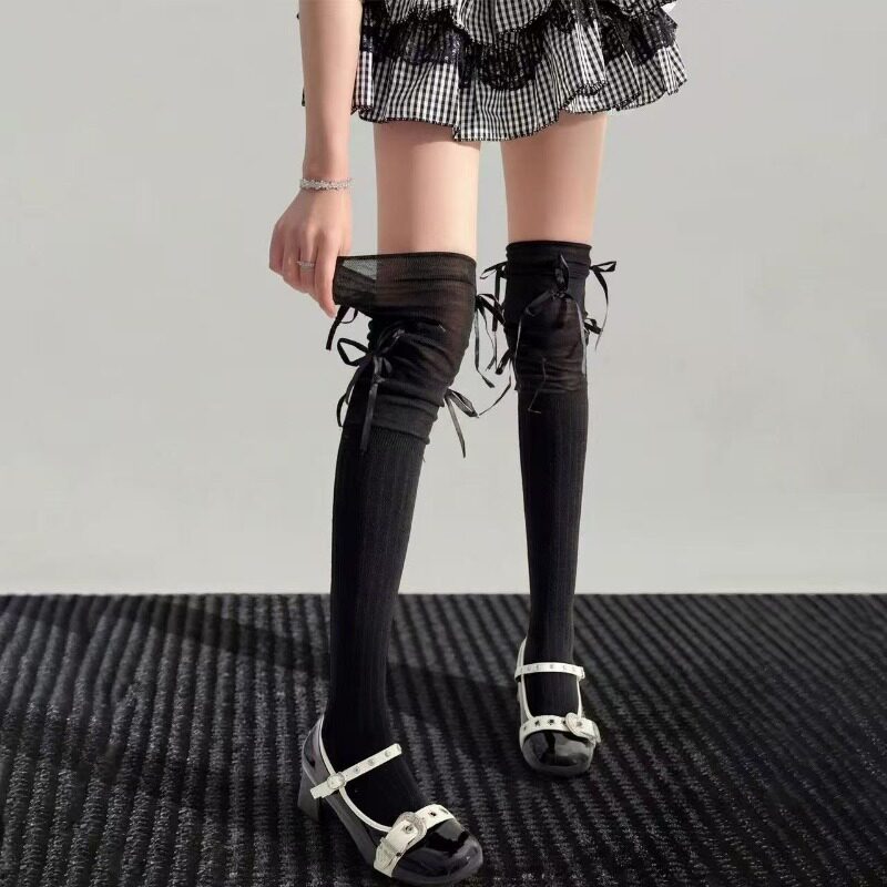 过膝袜子女夏季薄款蝴蝶结长筒JK