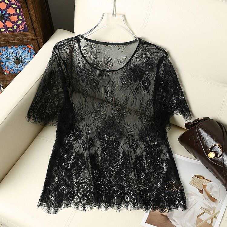 夏季新款女圆领蕾丝罩衫短袖透视