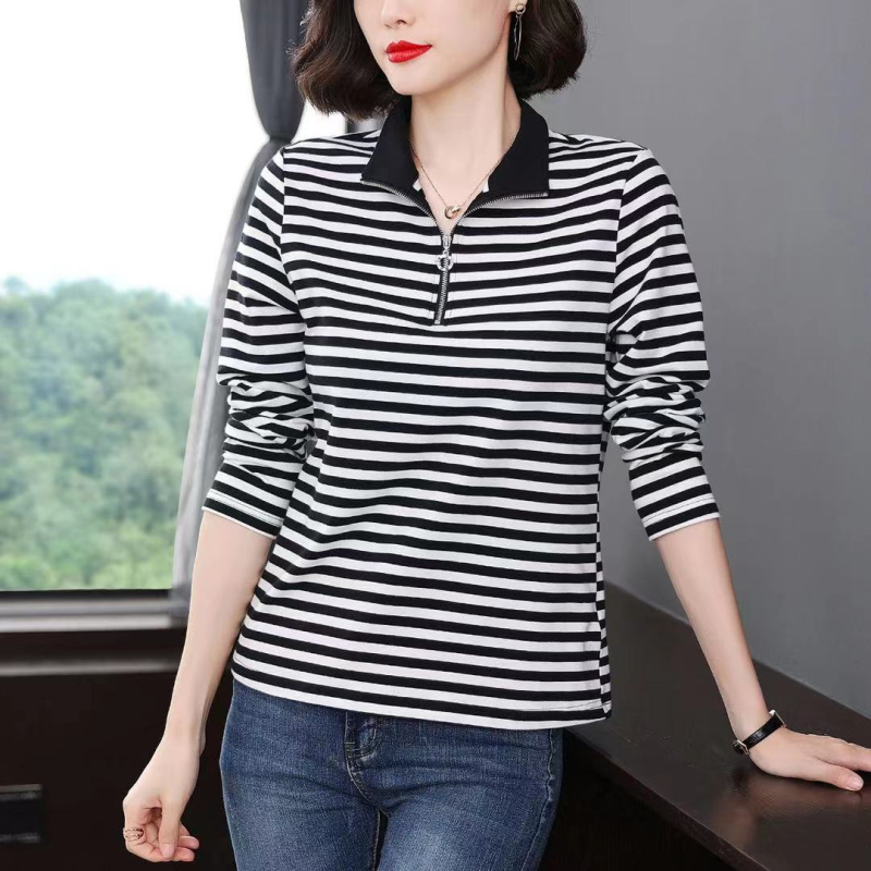 2025年春季Polo领条纹长袖T恤宽松大码中年妈妈女装上衣打底衫女,女装/女士精品,大码连衣裙,淘宝优惠券,粉丝福利购,淘宝优惠卷