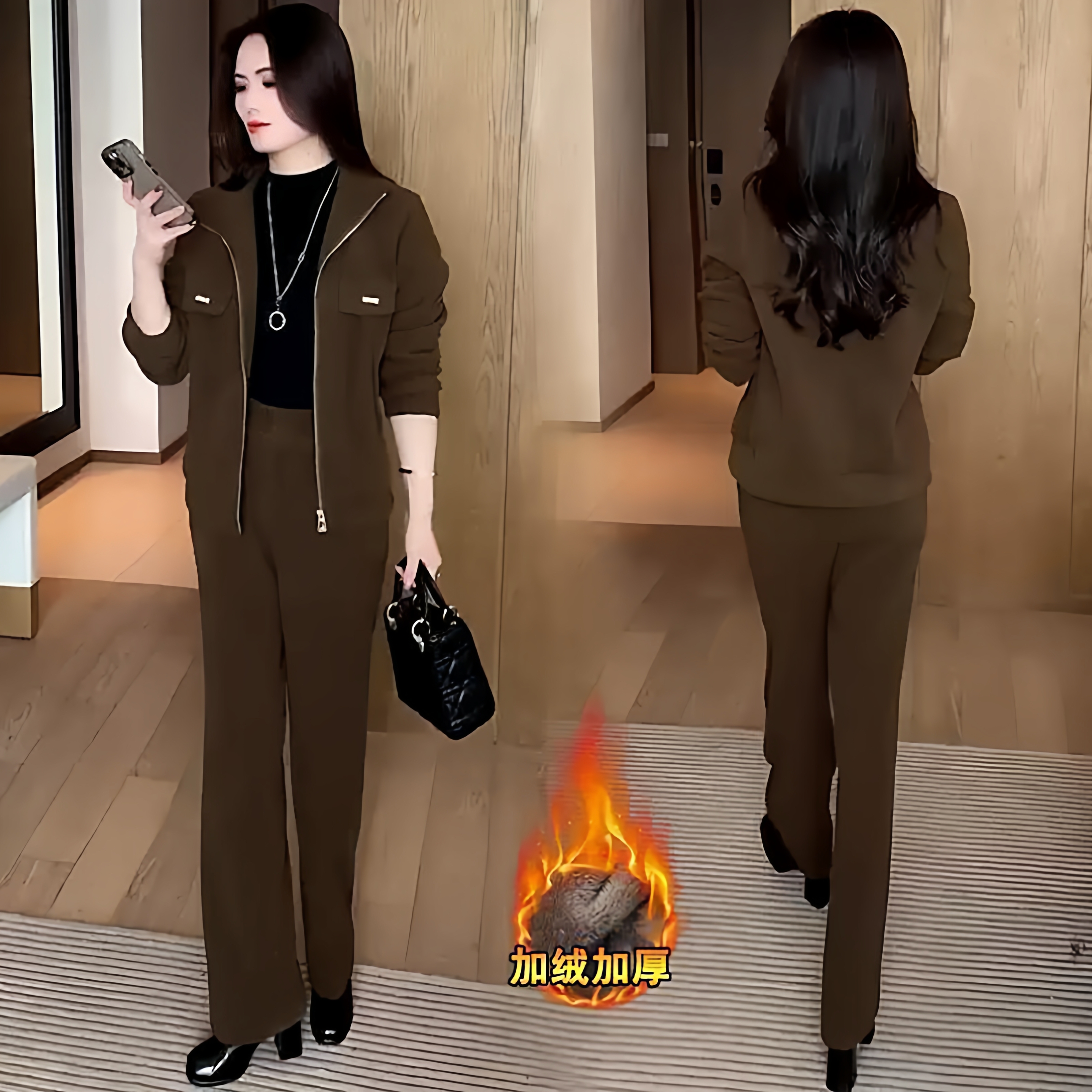 秋冬季加绒加厚女士两件套装