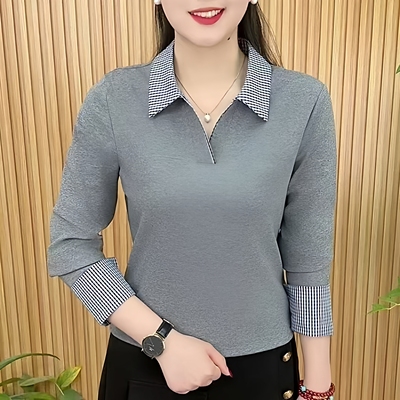 春秋季妈妈装POLO领纯棉长袖T恤