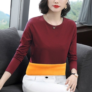 加绒加厚圆领长袖 女装 女简约纯色显瘦妈妈装 保暖打底衫 大码 秋冬季