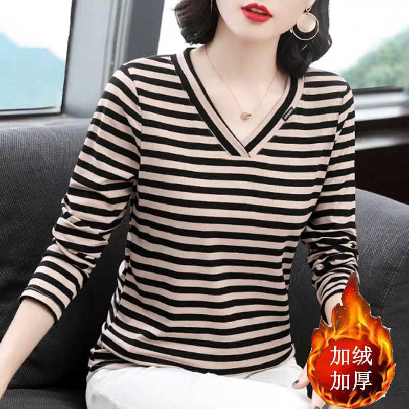 长袖V领加绒加厚条纹T恤