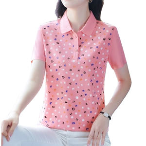 夏季短袖t恤女新款宽松大码时尚洋气妈妈polo衫印花上衣百搭翻领