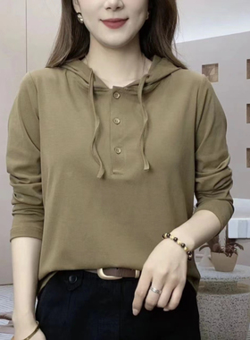 长袖T恤女春秋季年轻妈妈宽松大码女装胖MM减龄连帽卫衣打底衫女