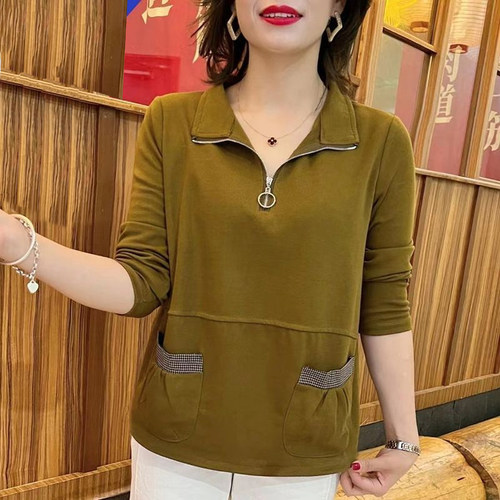 纯秋季长袖POLO明线装饰T恤