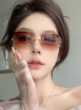 欧美复古潮流时尚方形切边镶钻墨镜女潮千禧风辣妹未来感太阳眼镜