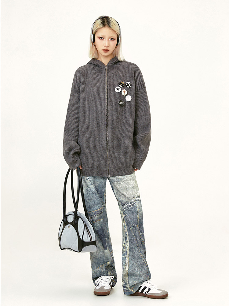 MADEEXTREME 여성용 회색 후드 스웨터 남성용 느슨한 가을 겨울 게으른 스타일 지퍼 카디건 니트 자켓
