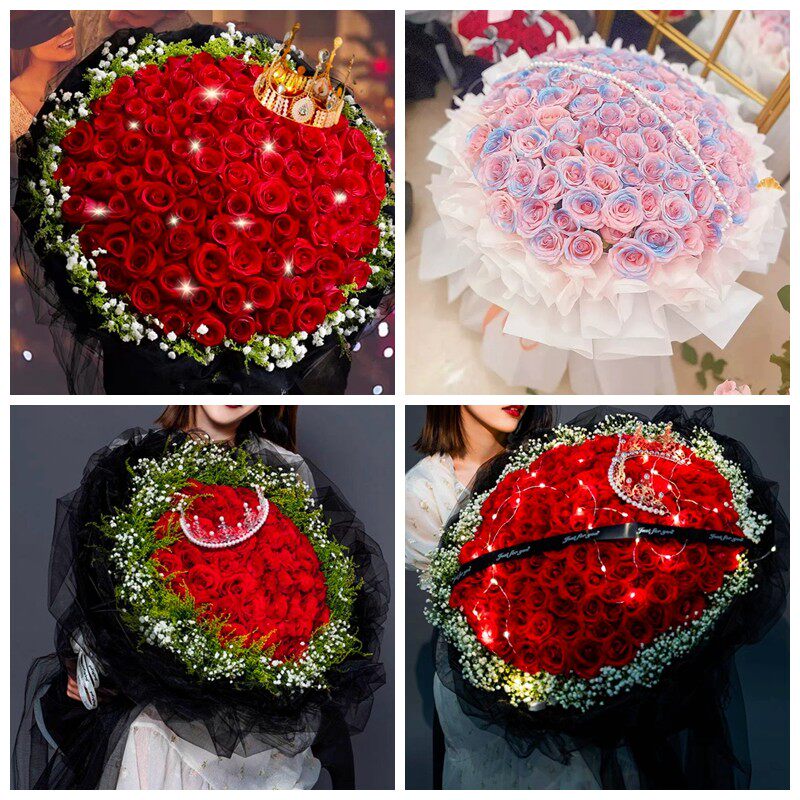 吕梁市交口县孝义市汾阳市生日碎冰蓝红玫瑰花束同城鲜花店表白