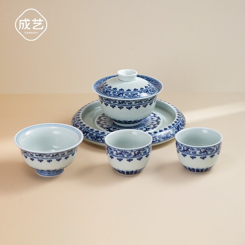 宝相花青花瓷盖碗茶具泡