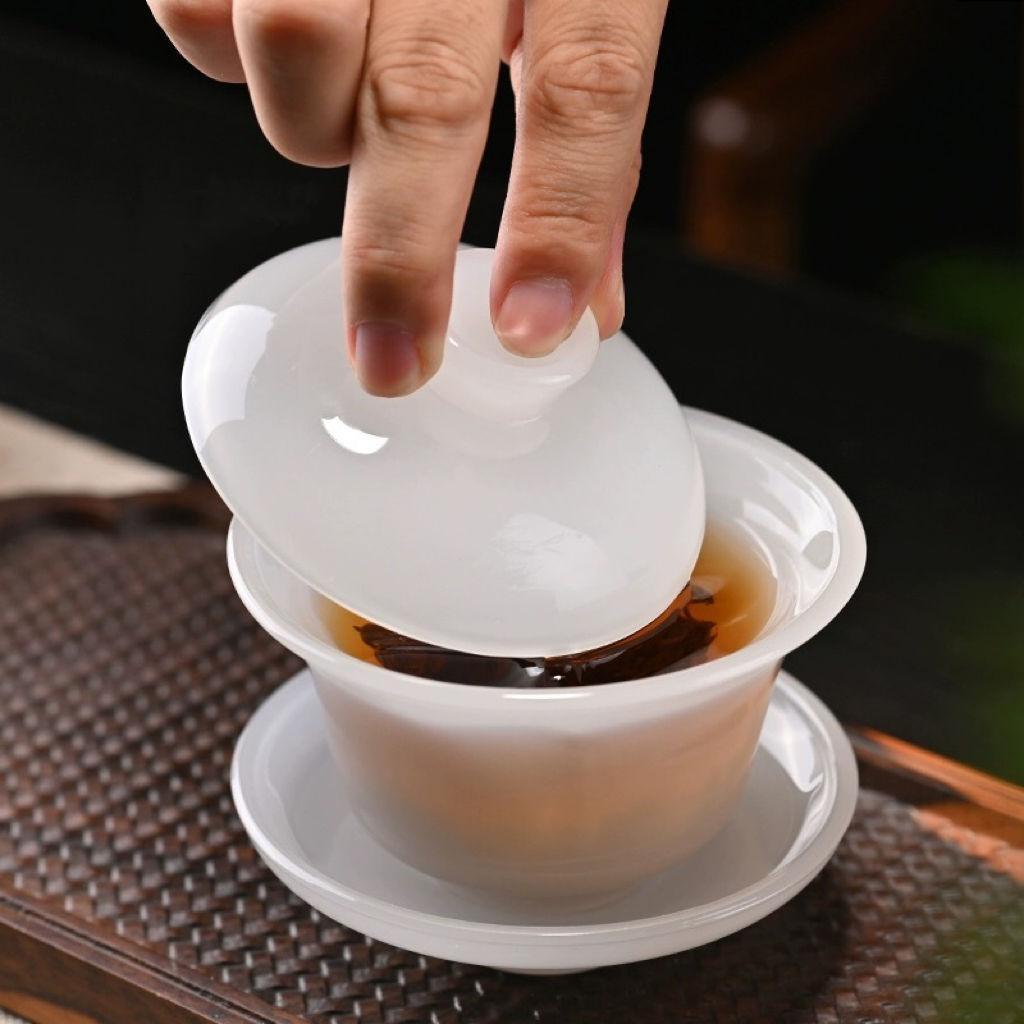 汉白玉琉璃盖碗手工茶具
