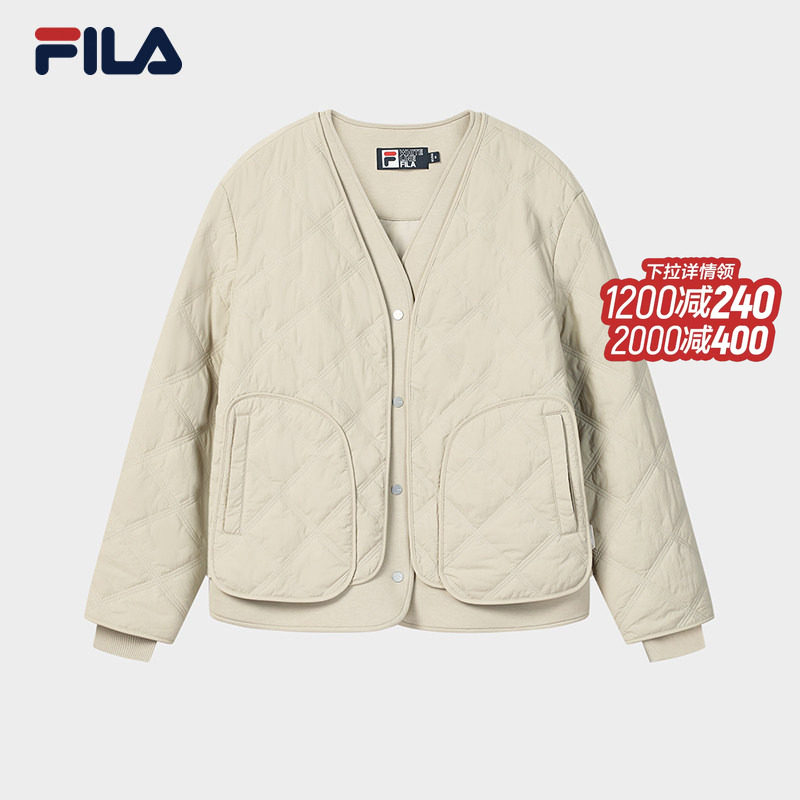 FILA 斐乐官方女士棉服2026春新款时尚休闲绗缝V领假两件保暖外套