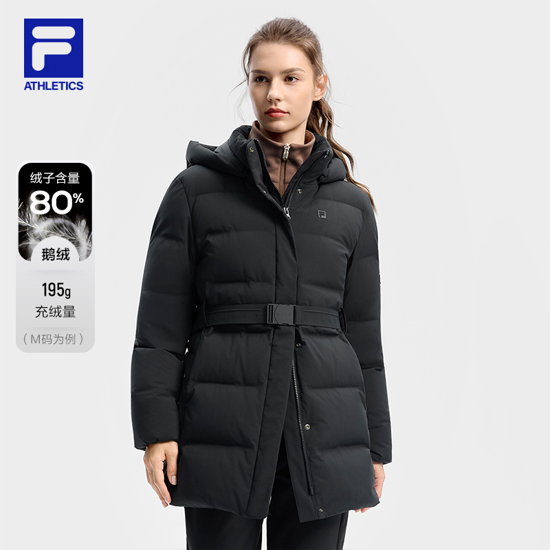 FILA 斐乐官方女士中长款羽绒服2025冬新款健身运动保暖连帽外套
