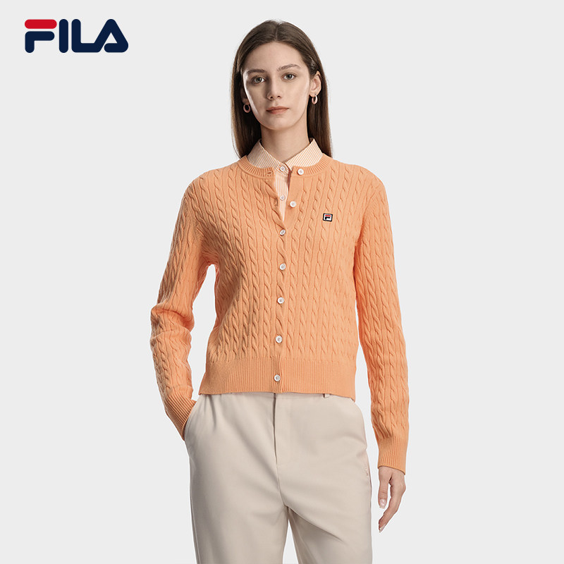 FILA 斐乐官方女士编织外套2026春新款时尚休闲织带麻花毛衣