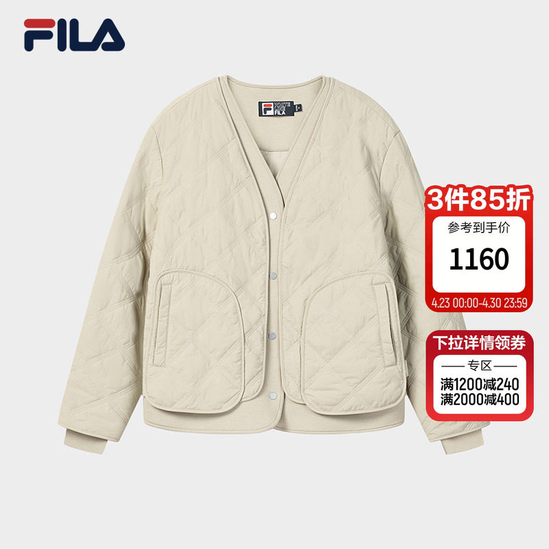 FILA 斐乐官方女士棉服2026春新款时尚休闲绗缝V领假两件保暖外套