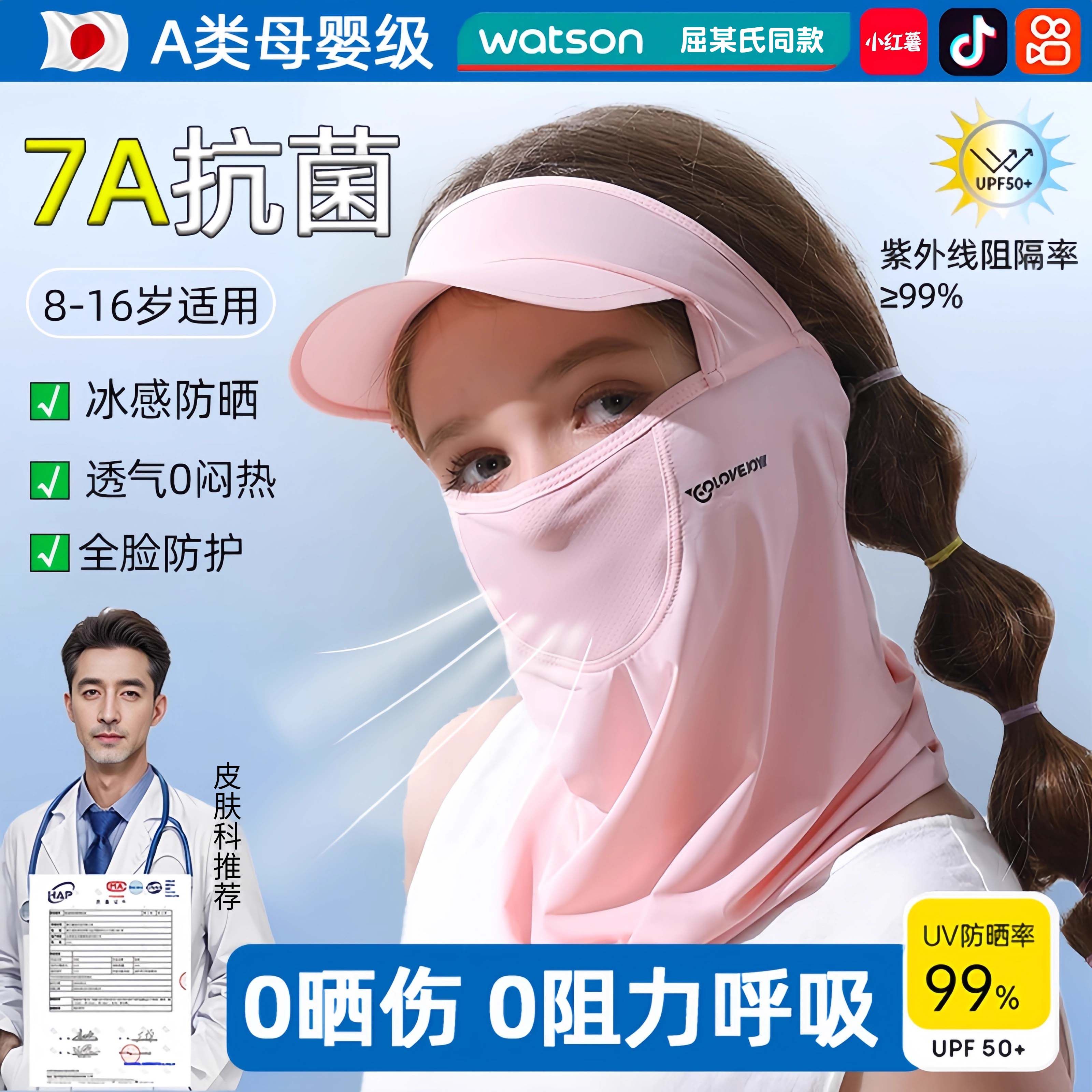 儿童防晒口罩女孩全脸护颈面罩夏季遮阳防紫外线骑行冰丝透气帽檐