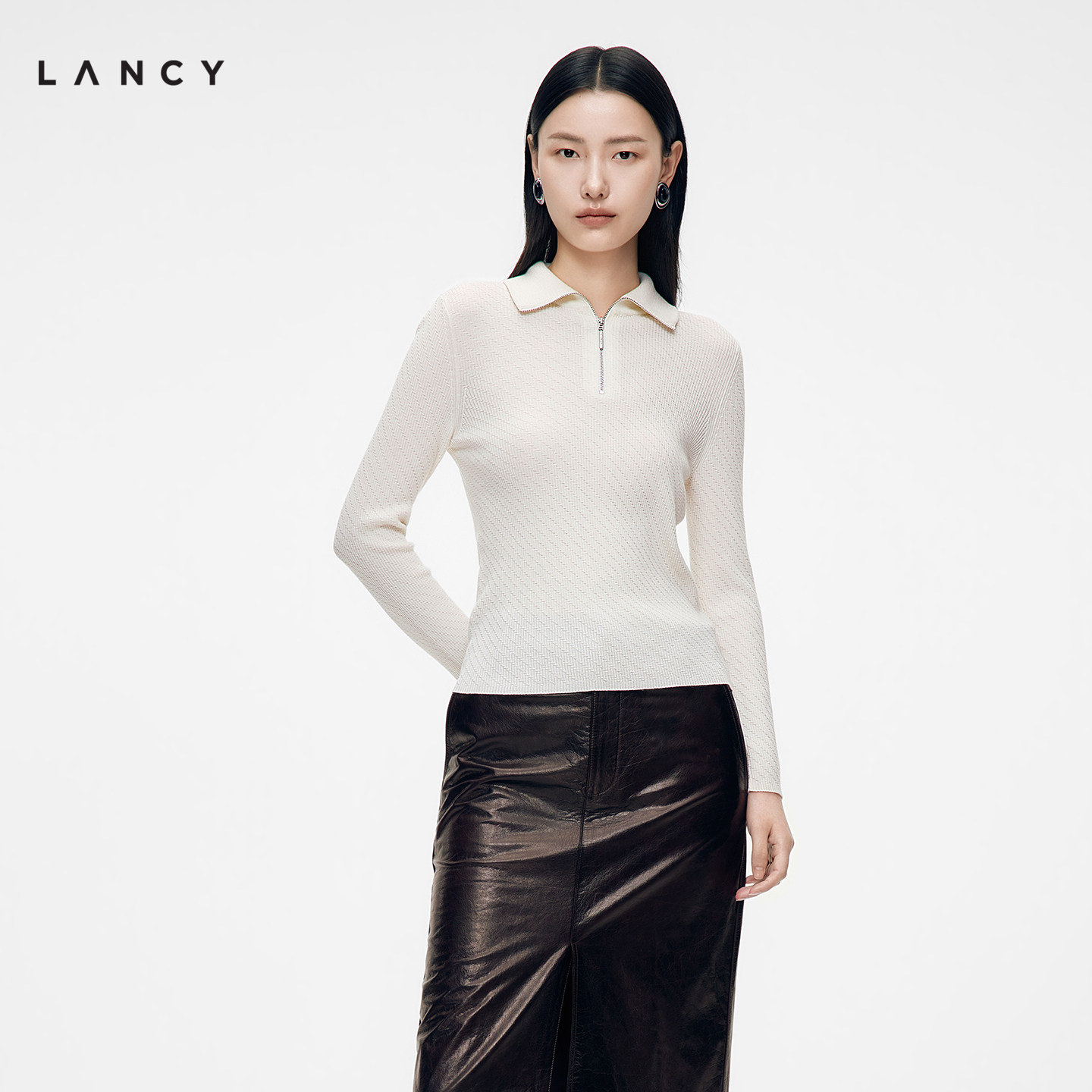 【绵羊毛】LANCY/朗姿2026年秋季新款翻领拉链上衣女斜纹毛针织衫