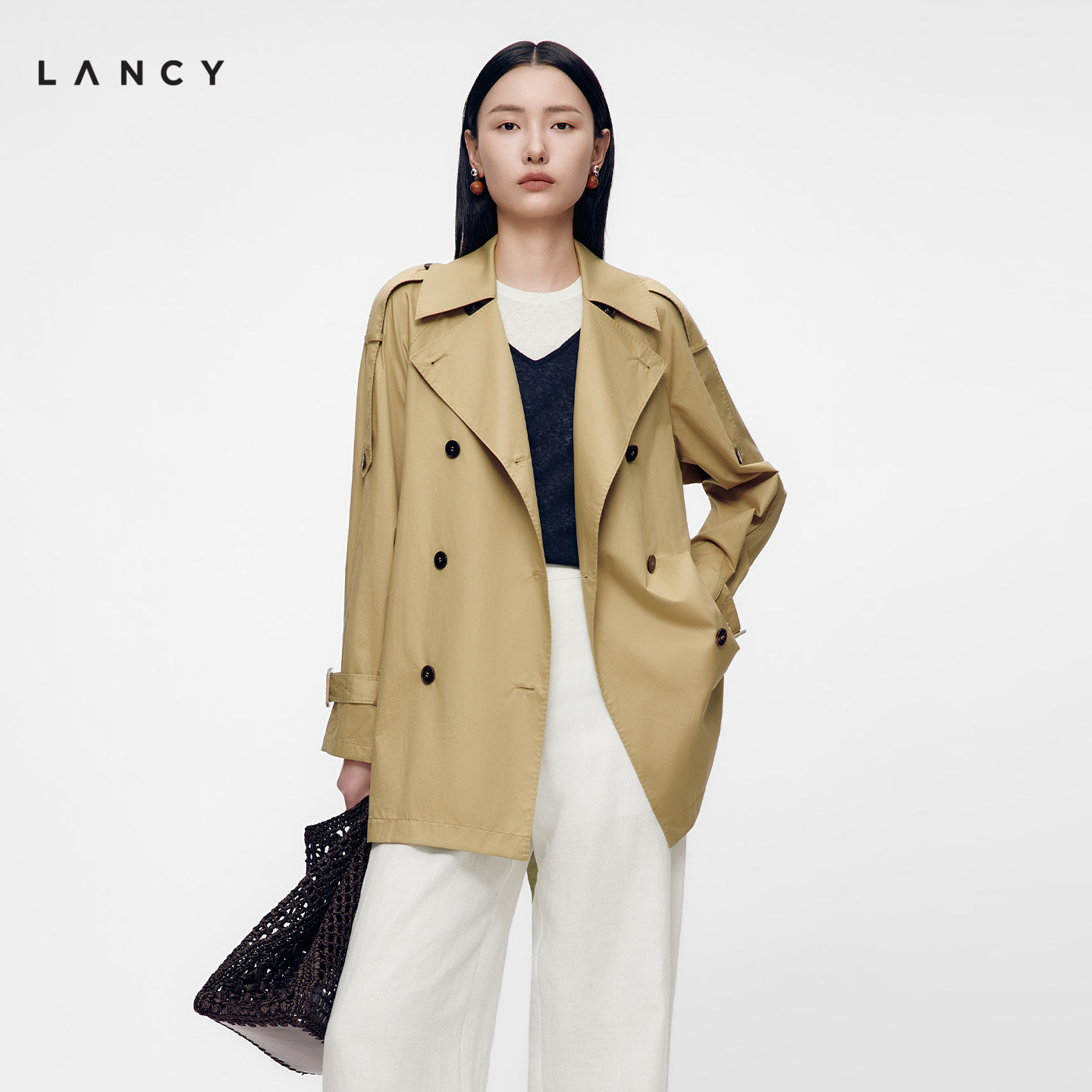 LANCY/朗姿2026年秋季新款翻领双排扣收腰风衣小个子外套中长款女图片