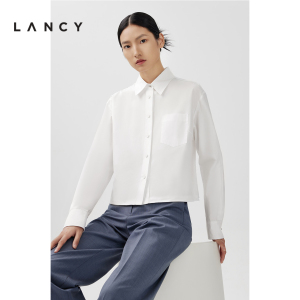 LANCY/朗姿2024春季新款简约百搭纯棉白衬衫女长袖短款通勤风上衣