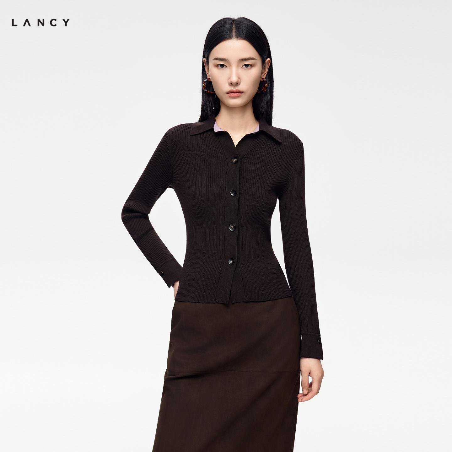 【纯羊毛】LANCY/朗姿2026年秋季新款气质修身翻领坑条针织开衫女
