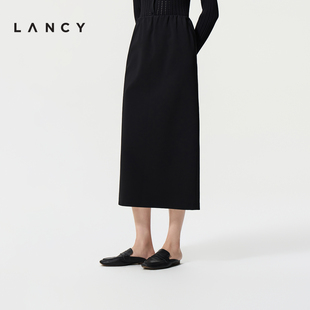 简约通勤高腰直筒裙松紧腰开衩中长半身裙 新款 LANCY 朗姿2026夏季
